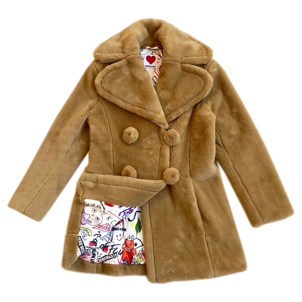 House of Fluff Tan Faux Fur Coat with Graphic Lining